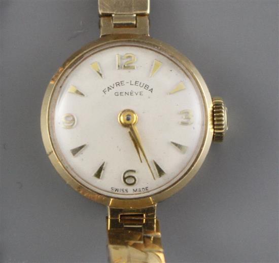 A ladys 1960s 9ct gold Fauve Leuba manual wind wristwatch, on a 9ct gold bricklink bracelet, gross weight 14.8 grams,